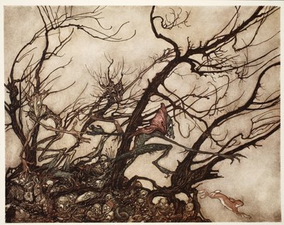 Indianerna ansåg dem vara andarnas boning., från Rip Van Winkle av Washington Irving, pub. 1910 av Arthur Rackham