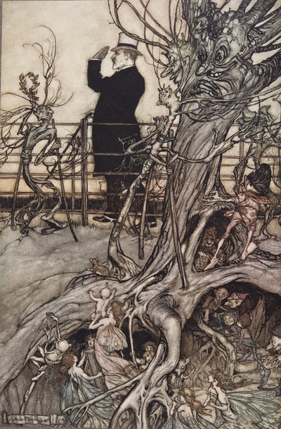 Kensington Gardens är i London, där kungen bor ..", från Peter Pan i Kensington Gardens av J M Barrie (1860 - 1937), pub. 1906 (färg litho) av Arthur Rackham