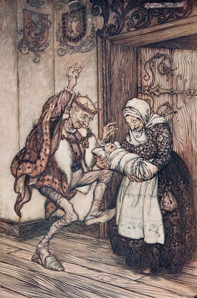 Kungen kunde inte hålla sig av glädje?., från Bröderna Grimms sagor, pub. 1909 av Arthur Rackham