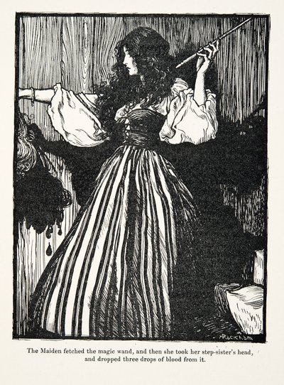 Jungfrun hämtade trollstaven och sedan tog hon sin styvsystras huvud och tappade tre droppar blod från den från Bröderna Grimms sagor, puben. 1909 av Arthur Rackham