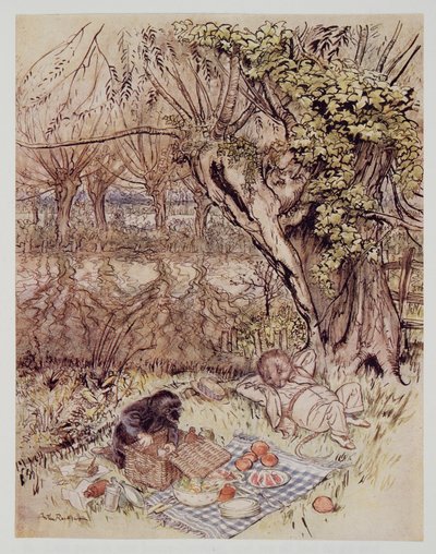 Mullvaden bad som en tjänst att få packa upp det helt själv, från Wind in the Willows av Kenneth Grahame (1859 - 1932), pub. 1940 av Arthur Rackham