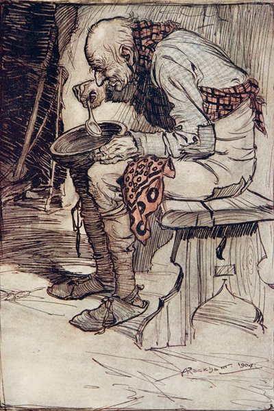Gubben fick sitta själv och åt sin mat ur en träskål ... från Bröderna Grimms sagor, pub. 1909 av Arthur Rackham