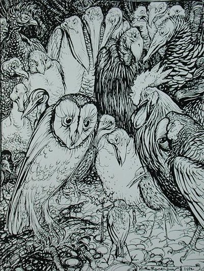 Uggla och fåglarna, illustration från "Aesops fabler", utgiven av Heinemann av Arthur Rackham