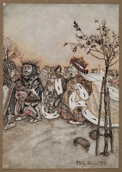 Hjärtadrottningen skriker argt efter krocketspelet av Arthur Rackham