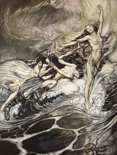 Rhinmaidens får ringen i besittning och bär bort den i triumf, illustration från "Siegfried and the Twilight of the Gods" av Arthur Rackham