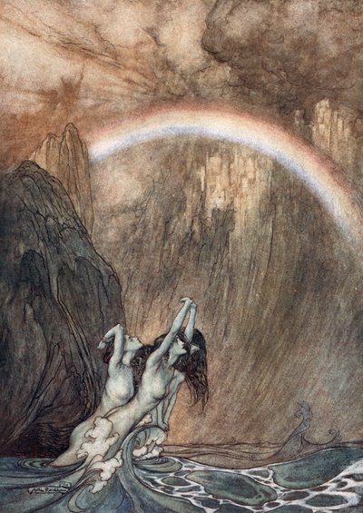 "Rhens vackra barn, gråter över deras förlorade guld", 1910. av Arthur Rackham