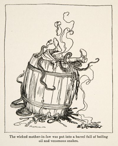 Den onda svärmor lades i en tunna full av kokande olja och giftiga ormar, från Little Brother & Little Sister and Other Tales av bröderna Grimm, pub.1917 (litho) av Arthur Rackham