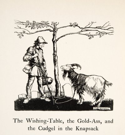 Önskebordet, guldröven och gossen i ryggsäcken, från Little Brother & Little Sister and Other Tales av bröderna Grimm, pub.1917 (litho) av Arthur Rackham