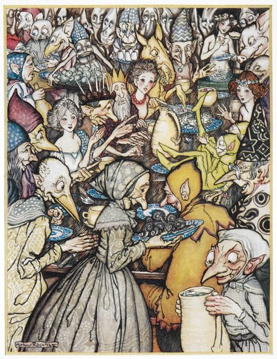"Banketten där det riktigt stora företaget samlades". Elfin King, klädd i en gyllene krona, hans döttrar och nissar och troll samlades för en måltid. Illustration för 