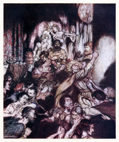 Festsalen var i tumult. från The Little Brawl in Irish Fairy Tales av Arthur Rackham