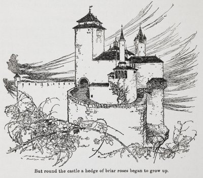 Slottet omgivet av törnen från Briar Rose (Törnrosa) av Arthur Rackham