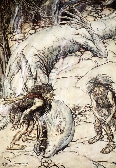 "Dvärgarna grälar om Fafners kropp", 1924. av Arthur Rackham