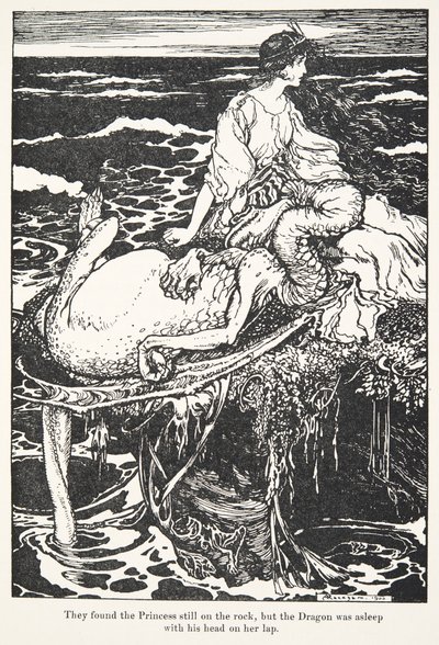 Hon hittade prinsessan fortfarande på klippan, men draken sov med huvudet i hennes knä, från The Fairy Tales of the Brothers Grimm, pub. 1909 av Arthur Rackham