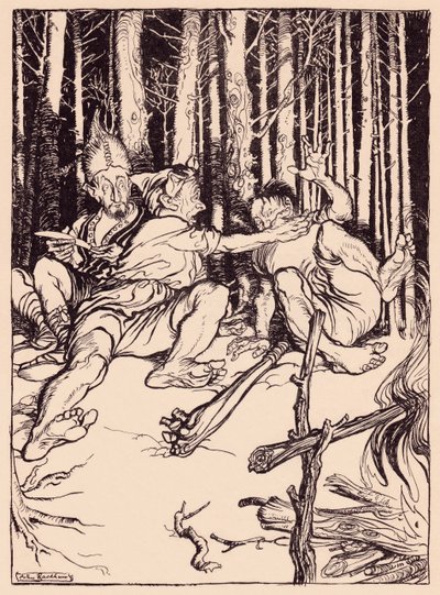 Jätten gav den som satt bredvid honom en låda på örat. Illustration av Arthur Rackham från Grimm