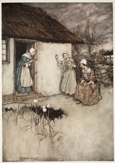 De goda fruarna i byn misslyckades aldrig, i sina kvällsskvaller att lägga all skuld på Dame Van Winkle, från Rip Van Winkle av Washington Irving, pub. 1910 av Arthur Rackham