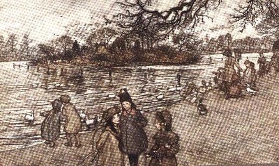 Ön där alla fåglarna är födda från Peter Pan i Kensington Gardens av J.M. Barrie, 1906 av Arthur Rackham