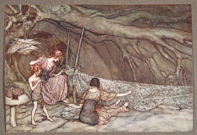 De små människorna väver sina sommargardiner av skelettblad .. , från Peter Pan i Kensington Gardens av J M Barrie (1860 - 1937), pub. 1906 av Arthur Rackham