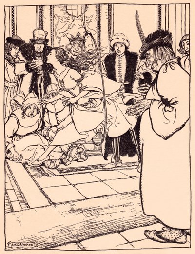 Den vackra jungfrun hoppade genom bågen lika lätt som ett rådjur. Illustration av Arthur Rackham från Grimms saga, De tre fjädrarna. av Arthur Rackham