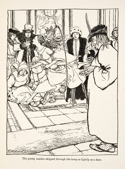 Den vackra jungfrun hoppade genom bågen lika lätt som ett rådjur, från Little Brother & Little Sister and Other Tales av bröderna Grimm, pub.1917 (litho) av Arthur Rackham