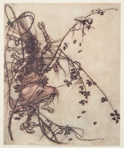 Ju snabbare han spelade, desto högre fick hon hoppa från Bröderna Grimms sagor, pub. 1909 av Arthur Rackham