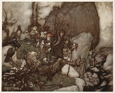 The sleep of Rip Van Winkle., från Rip Van Winkle av Washington Irving, pub. 1910 av Arthur Rackham