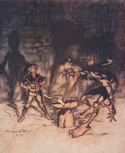 Ungdomen tog yxan och klyvde städet med ett slag, samtidigt som han fick i Old Mans skägg, från The Fairy Tales of the Brothers Grimm, pub. 1909 av Arthur Rackham