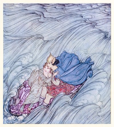 Vågorna från alla världar verkade virvla förbi dem i en enorm grön matta från Becuma of the White Skin in Irish Fairy Tales av Arthur Rackham
