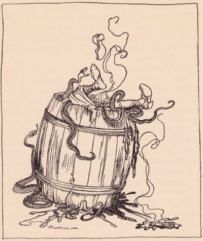 Den onda svärmor lades i en tunna full av kokande olja och giftiga ormar. Illustration av Arthur Rackham från Grimms saga, De tolv bröderna, publicerad i slutet av 1800-talet. av Arthur Rackham