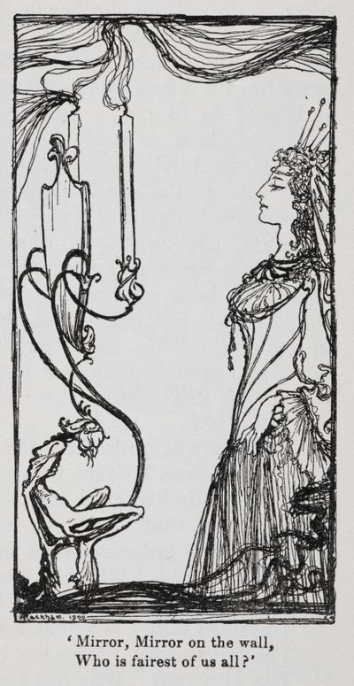 Den onda drottningen tittar på sig själv i spegeln från Snowdrop (Snövit) av Arthur Rackham