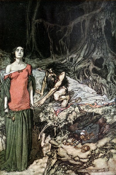 Uppvaktningen av Grimhilde, Hagens mor. Illustration för Siegfried och The Twilight of the Go av Arthur Rackham