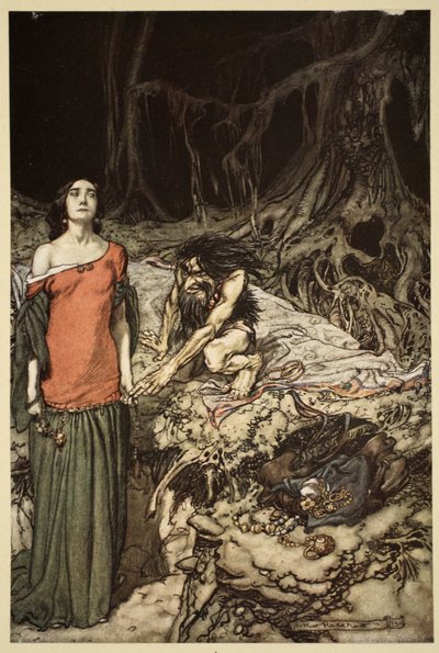 Uppvaktningen av Grimhilde, Hagens mor, från "Siegfried och gudarnas skymning", 1910 av Arthur Rackham