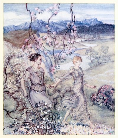 Sedan gick de [Iollan och Tuiren] hand i hand i landet som doftar av äppelblom och honung. från The Birth of Bran i Irish Fairy Tales av Arthur Rackham