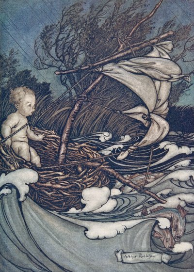 Det steg nu en mäktig storm, och han kastades hit och dit..., från Peter Pan i Kensington Gardens av J M Barrie (1860 - 1937), pub. 1906 av Arthur Rackham