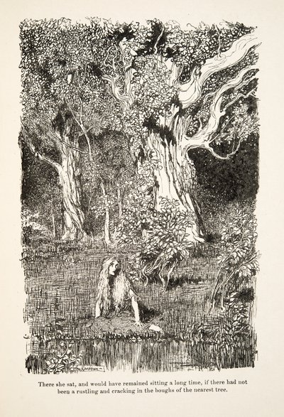 Där satt hon och skulle ha blivit sittande länge, om det inte hade prasslat och knakat i grenarna på närmaste träd, från Lillebror & Lillasyster och andra sagor av bröderna Grimm, utg.1917 (litho) av Arthur Rackham