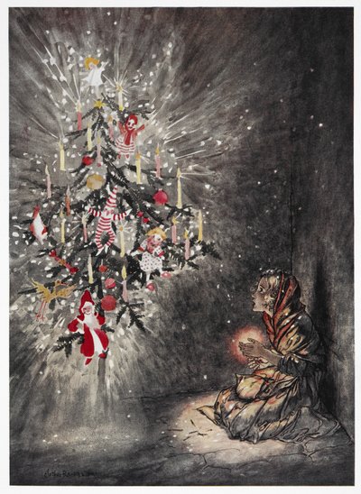 Där satt hon under den vackra julgranen. En ung flicka som tittar på ljust upplyst julgran. Färgillustration för historien, 