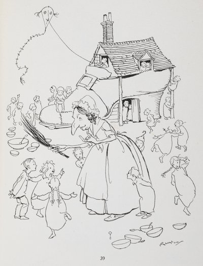 Det var en gammal dam som bodde i en sko. Kvinna med skohus och massor av barn. av Arthur Rackham