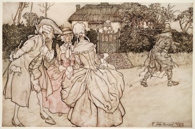 De stirrade alla på honom med lika märken av förvåning och smekte undantagslöst över hakan., från Rip Van Winkle av Washington Irving, pub. 1910 av Arthur Rackham