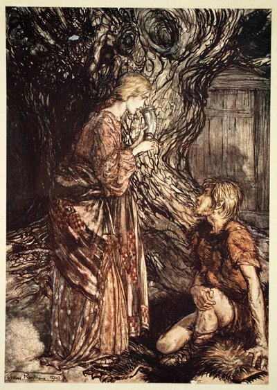 "Denna helande och honungiga drag av Mead är värda att acceptera från mig", 1910. av Arthur Rackham