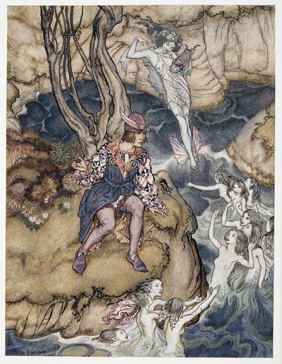 Denna musik smög sig förbi be upon the waters, illustration från William Shakespeares The Tempest, pub. 1926 av Arthur Rackham