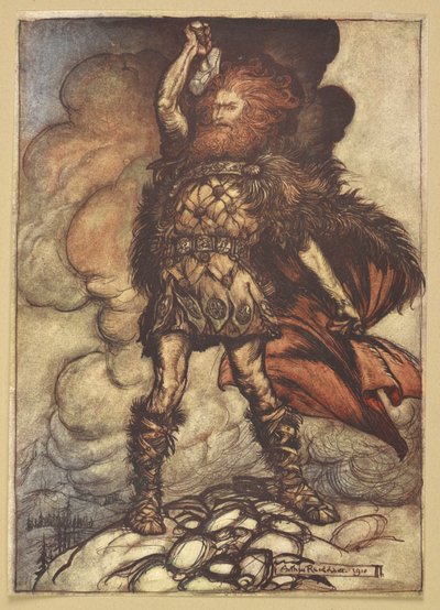 Tor höjer sin hammare. av Arthur Rackham