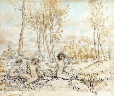 Tre tränymfer samlar blommor (penna och bläck och wc på papper) av Arthur Rackham