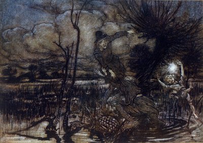 Två karaktärer misslyckas med att drunkna i träsket, Puck hjälper dem med en brand. Illustration av Arthur RACKHAM (1867-1939) för The Dream of a Summer Night av William SHAKESPEARE av Arthur Rackham