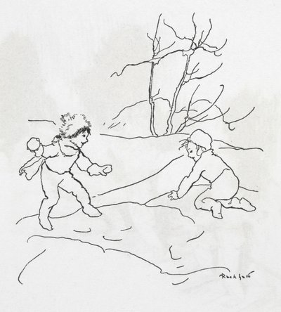 Två barn som har en snöbollskamp av Arthur Rackham