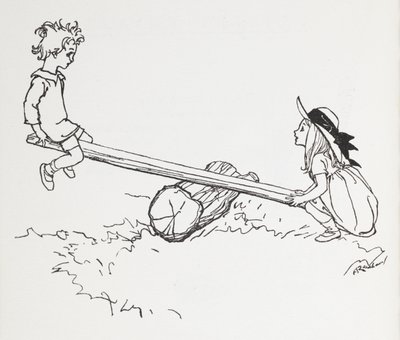 Två barn på en sågsåg. av Arthur Rackham