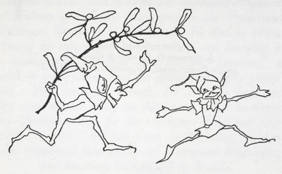 Två tomtar som leker, en bär en kvist mistel av Arthur Rackham