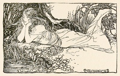 Undine tittar in i vattnet, från "Undine" av Arthur Rackham