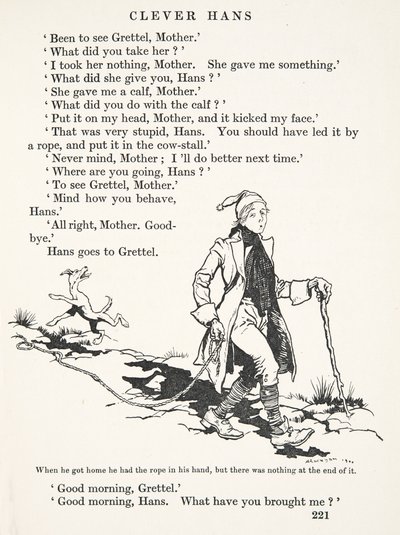 När han kom hem hade han repet i handen, men det var inget i slutet av det, från Bröderna Grimms sagor, pub. 1909 av Arthur Rackham