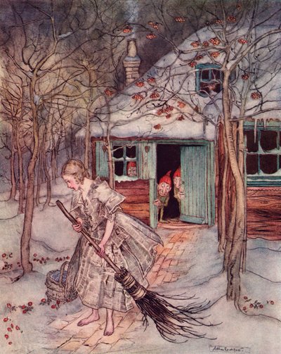 Vad hittade hon där förutom riktiga mogna jordgubbar. Illustration av Arthur Rackham från Grimms saga, De tre små männen i skogen, publicerad i slutet av 1800-talet. av Arthur Rackham