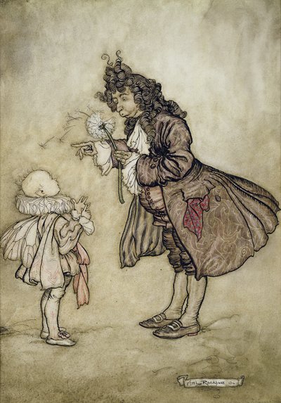 When Her Majesty Wants to Know the Time, från Peter Pan i Kensington Gardens av J.M. Barrie, pub. av Hodder och Stoughton, 1906 (penna och bläck med wc på papper) av Arthur Rackham