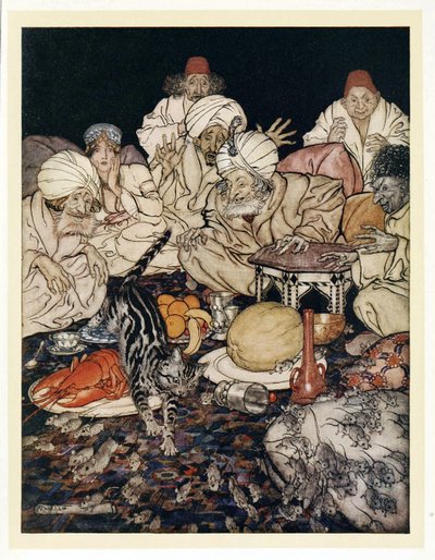 När Puss såg råttorna och mössen väntade hon inte på att få veta det från engelska Fairy Tales, puben. 1922 av Arthur Rackham